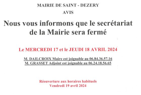 Fermeture du secrétariat de Mairie mercredi 17 et jeudi 18 avril 2024 (1/1)
