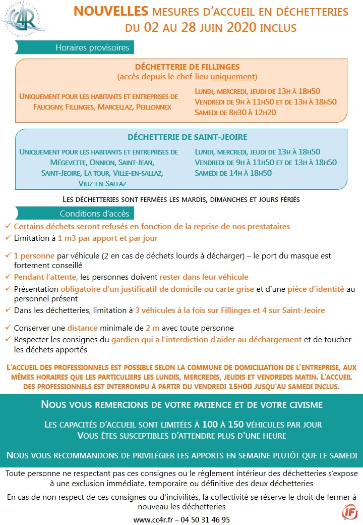 Déchetteries de Fillinges et Saint-Jeoire - A PARTIR DU 02 JUIN 2020 - Modification horaires et conditions d'accès (1/1)